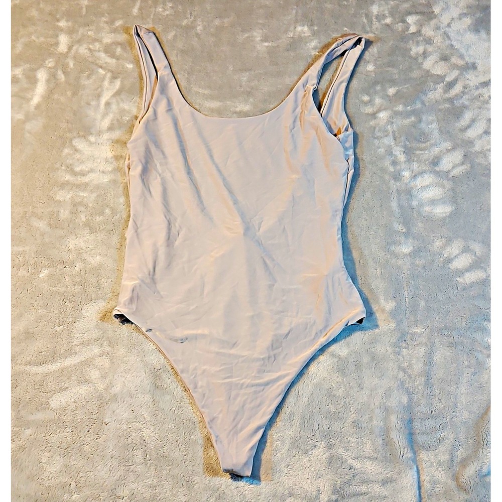 Fashion Nova Beige One Piece Bodysuit Women's Size S Solid Strap Accent Stretch